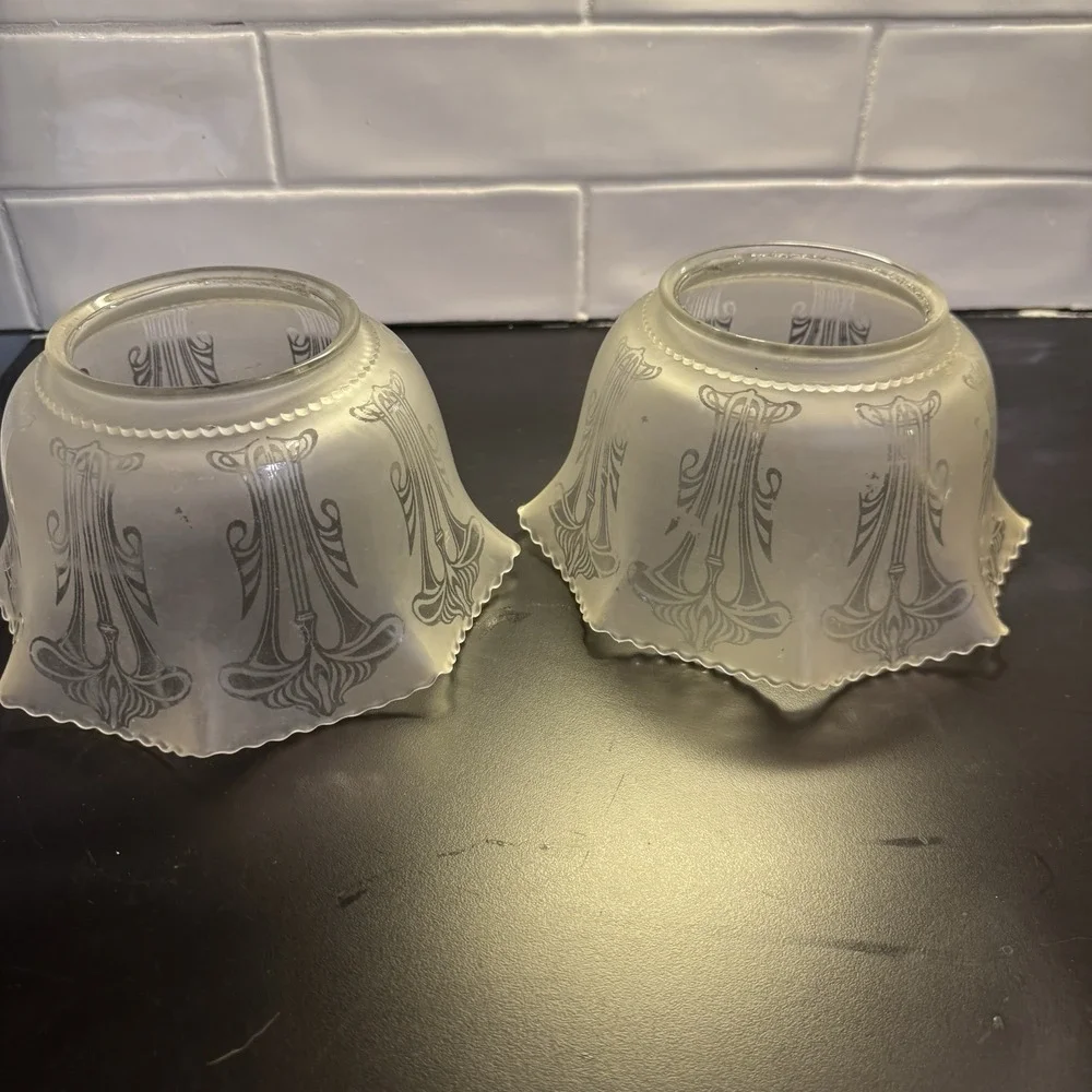 Antique Pair Of 2‎ Glass Lamp Chandelier Shades Fitter-Satin Etched Neoclassical